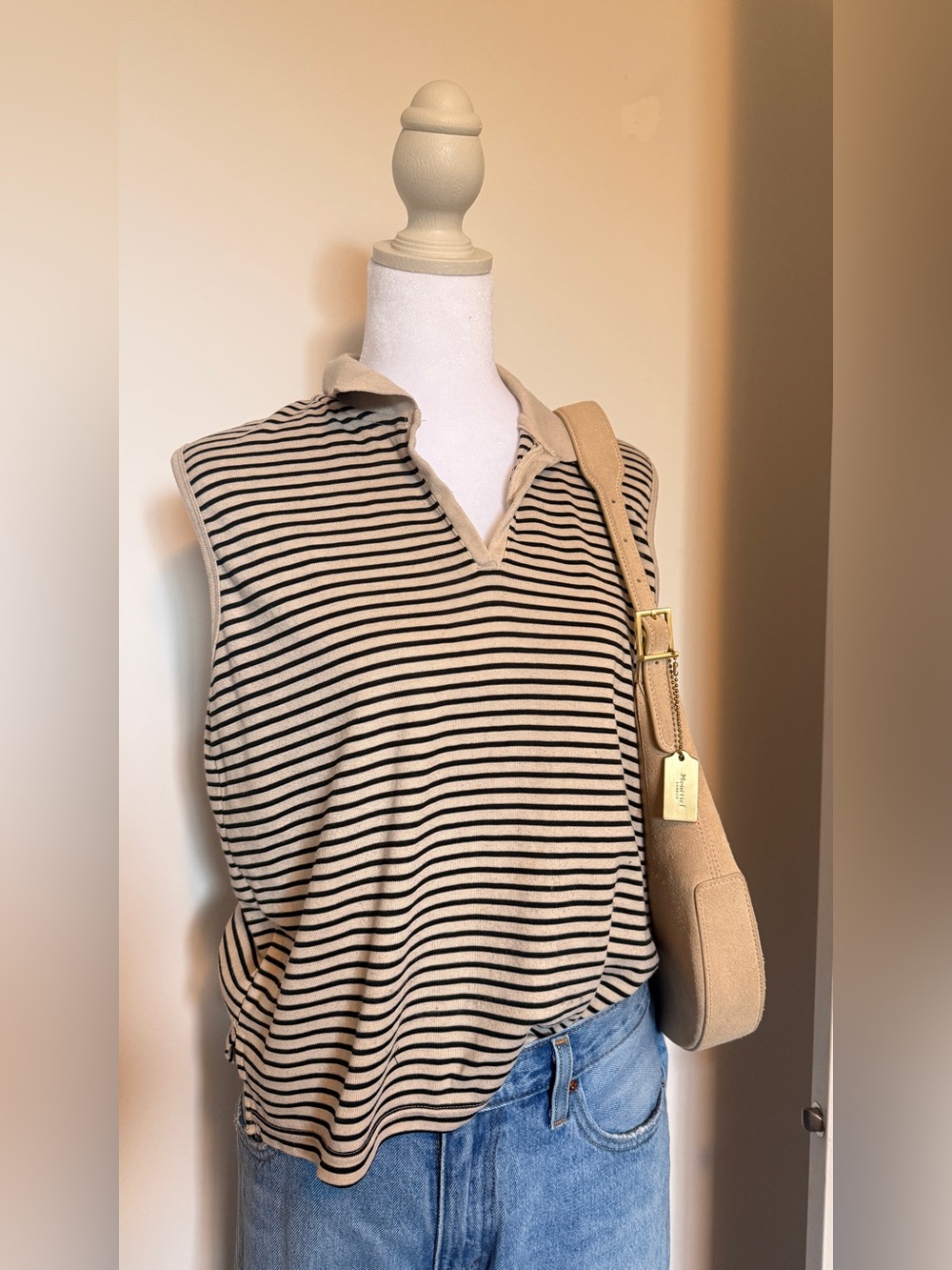 Sleeveless Striped Polo Tank Top - Beige/Black